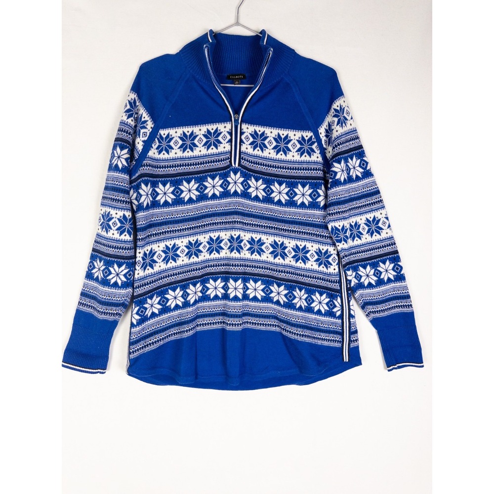 Talbots Sweater Women M Fair Isle Snowflake Pullover 1/4 Zip Thermal Merino Wool